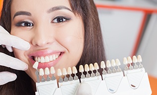 Woman's smile compared with tooth color chart